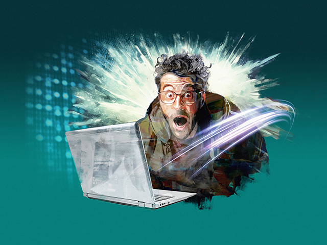 Ein überraschter Mann mit Brille blickt mit offenem Mund auf einen Laptop. Aus dem Laptop strömen dynamische Lichtlinien, die Geschwindigkeit und digitale Energie symbolisieren. Im Hintergrund verstärken leuchtende Effekte den Eindruck von Highspeed-Internet und der Glasfasertechnologie.