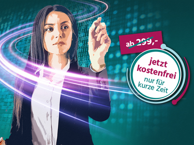 Frau im Anzug zeigt auf Schild mit kostenfreiem IT-Check